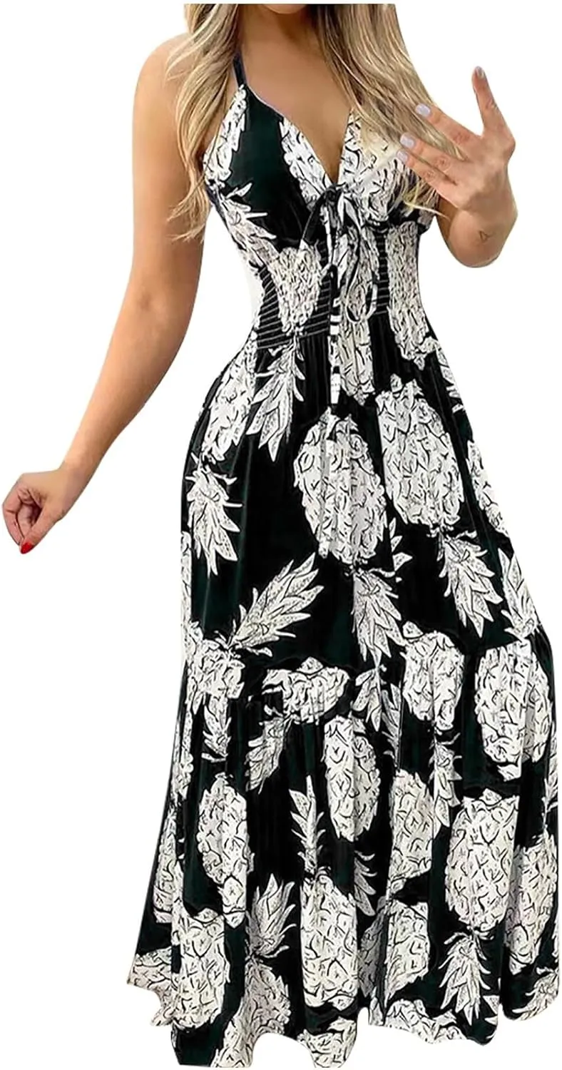 Sexy Maxi Dresses for Women 2024 Bow Tie Pineapple Print Beach Sundresses Spaghetti Strap v Neck Floor Length Dress
