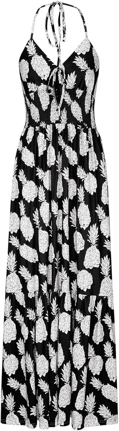 Sexy Maxi Dresses for Women 2024 Bow Tie Pineapple Print Beach Sundresses Spaghetti Strap v Neck Floor Length Dress