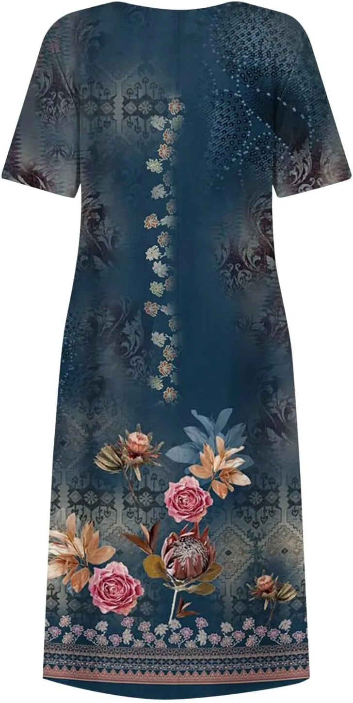 SGASY Summer Dresses for Women 2024 Short Sleeve High Waist Floral Pockets Sun Dress Plus Size Dresses for Curvy Women