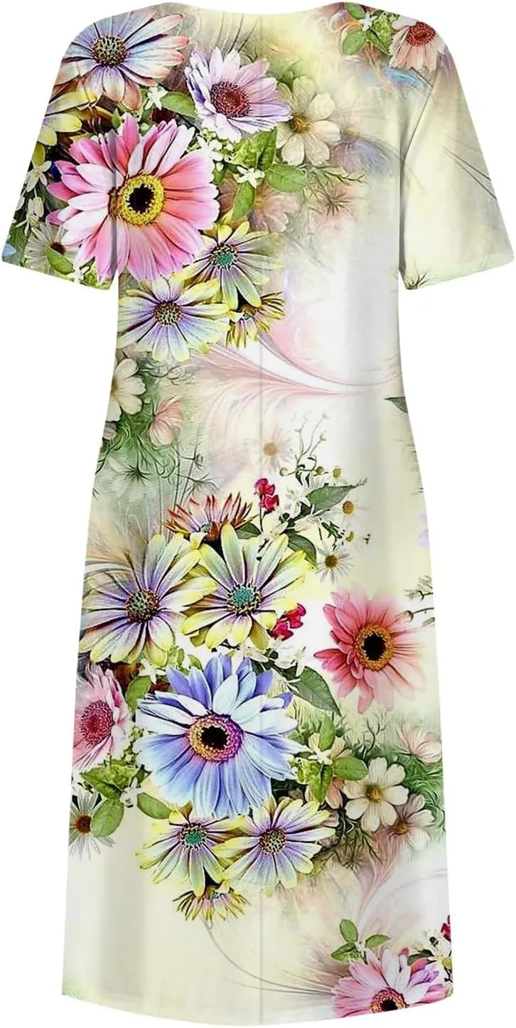 SGASY Summer Dresses for Women 2024 Short Sleeve High Waist Floral Pockets Sun Dress Plus Size Dresses for Curvy Women