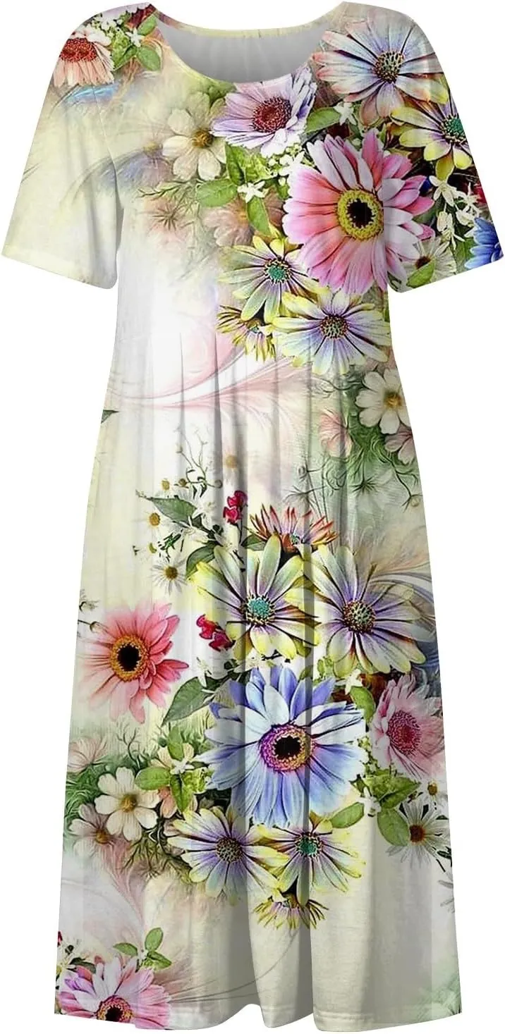 SGASY Summer Dresses for Women 2024 Short Sleeve High Waist Floral Pockets Sun Dress Plus Size Dresses for Curvy Women