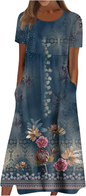 SGASY Summer Dresses for Women 2024 Short Sleeve High Waist Floral Pockets Sun Dress Plus Size Dresses for Curvy Women