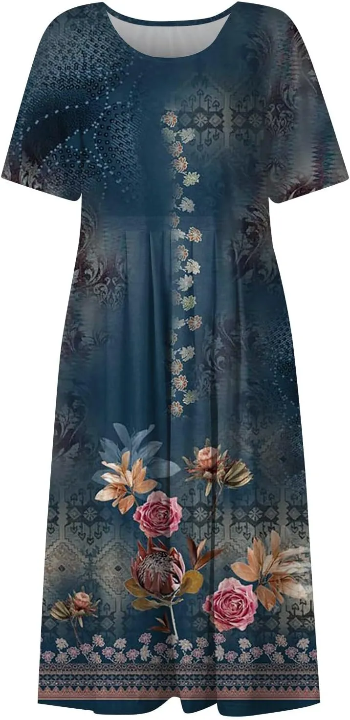 SGASY Summer Dresses for Women 2024 Short Sleeve High Waist Floral Pockets Sun Dress Plus Size Dresses for Curvy Women