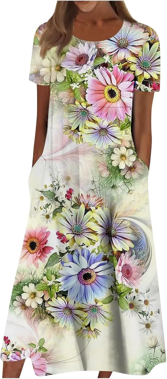 SGASY Summer Dresses for Women 2024 Short Sleeve High Waist Floral Pockets Sun Dress Plus Size Dresses for Curvy Women