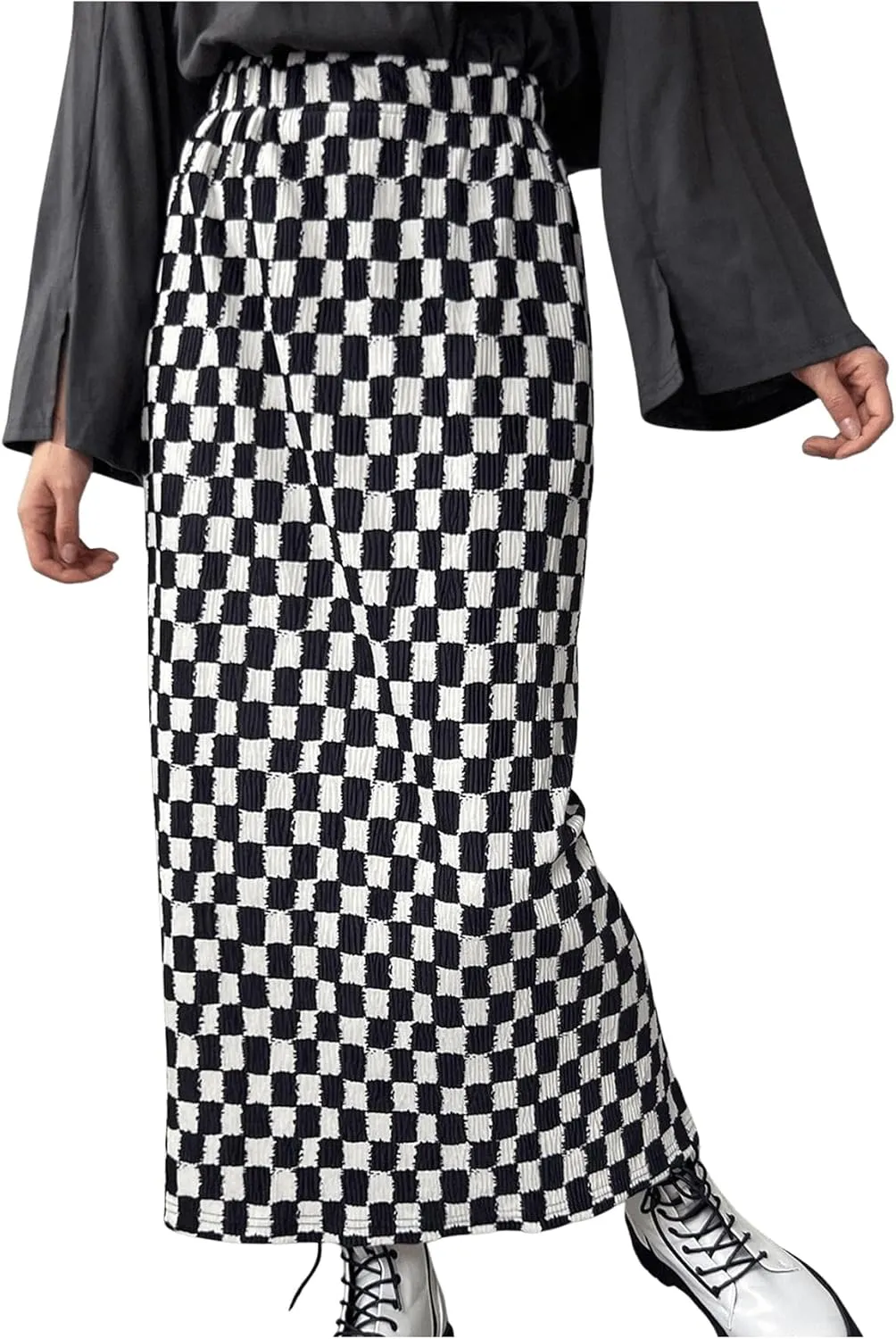 SHENHE Women's Checkered High Waisted Maxi Skirts Plaid Split Vintage Long Straight Skirts