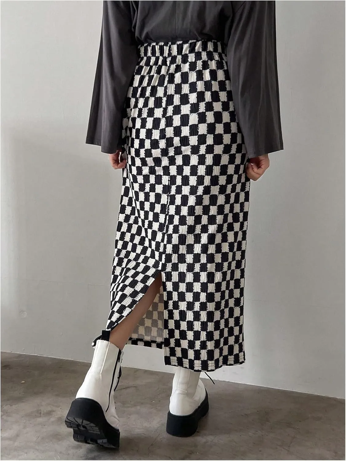 SHENHE Women's Checkered High Waisted Maxi Skirts Plaid Split Vintage Long Straight Skirts