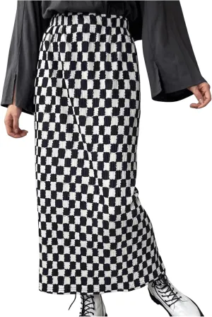 SHENHE Women's Checkered High Waisted Maxi Skirts Plaid Split Vintage Long Straight Skirts