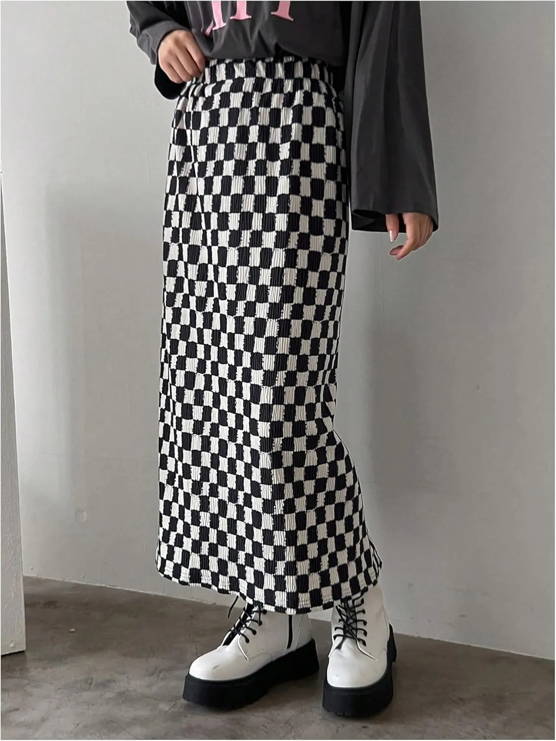 SHENHE Women's Checkered High Waisted Maxi Skirts Plaid Split Vintage Long Straight Skirts