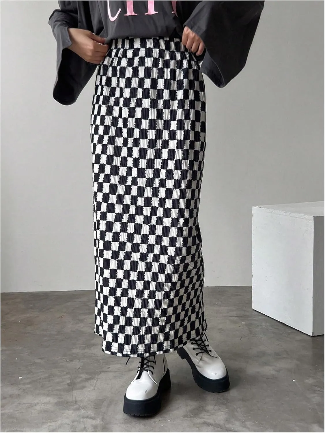 SHENHE Women's Checkered High Waisted Maxi Skirts Plaid Split Vintage Long Straight Skirts