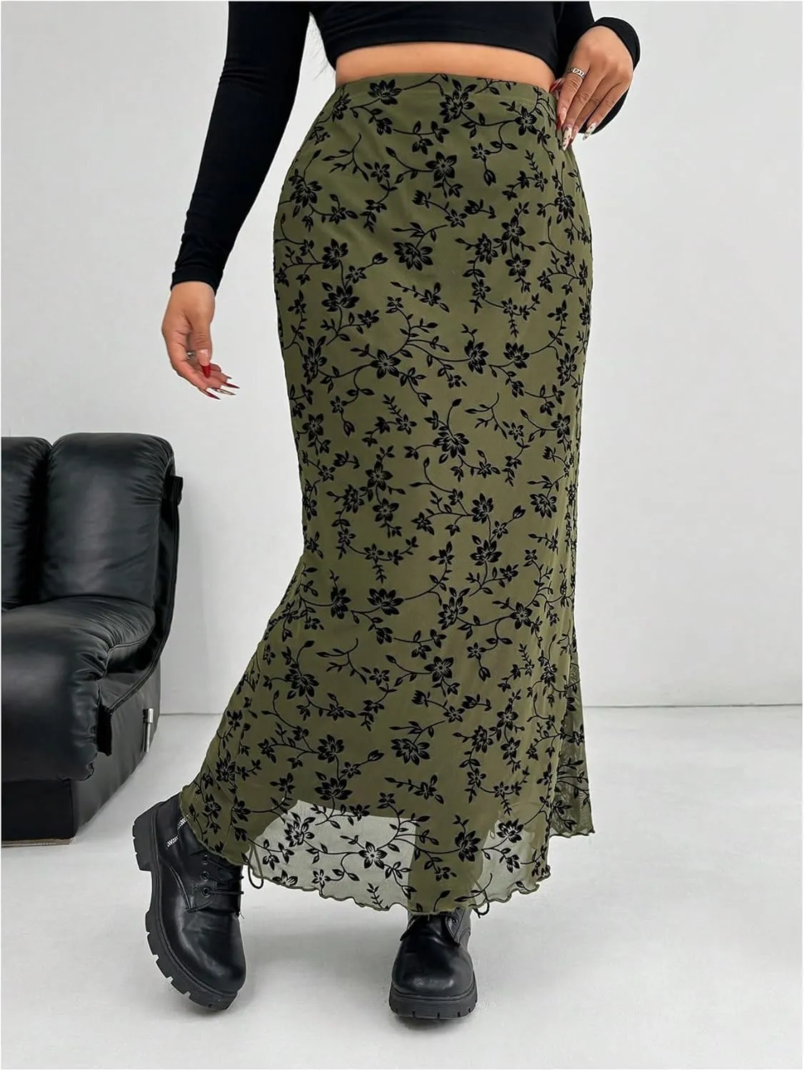 SHENHE Women's Plus Size Floral Print Mesh Skirts Elastic High Waist Long Skirts