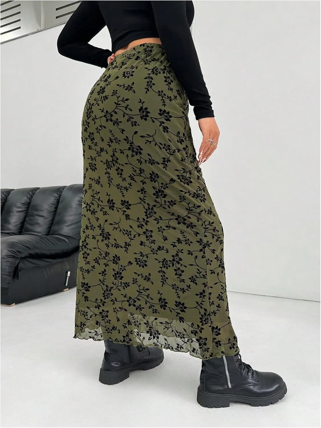 SHENHE Women's Plus Size Floral Print Mesh Skirts Elastic High Waist Long Skirts