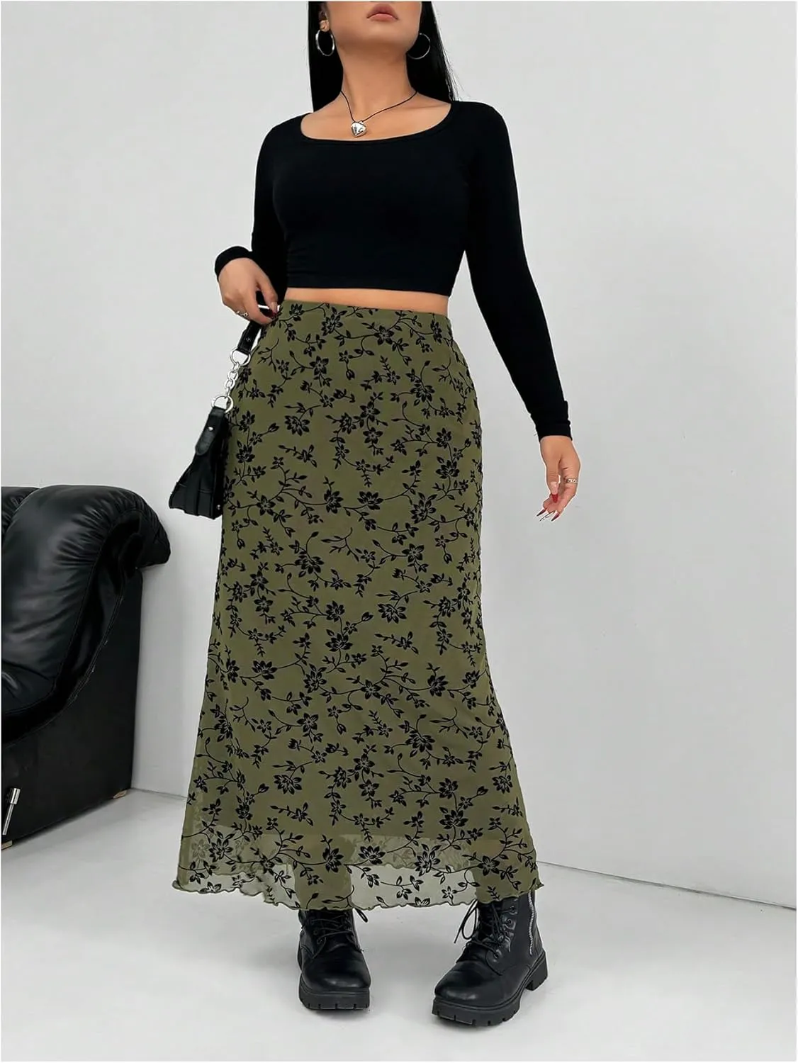 SHENHE Women's Plus Size Floral Print Mesh Skirts Elastic High Waist Long Skirts