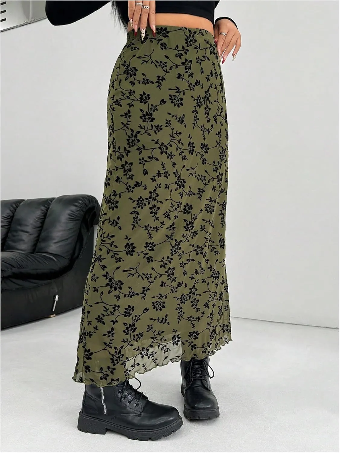 SHENHE Women's Plus Size Floral Print Mesh Skirts Elastic High Waist Long Skirts