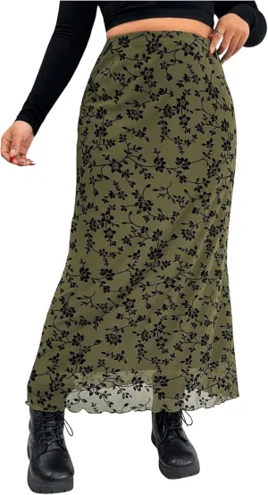 SHENHE Women's Plus Size Floral Print Mesh Skirts Elastic High Waist Long Skirts