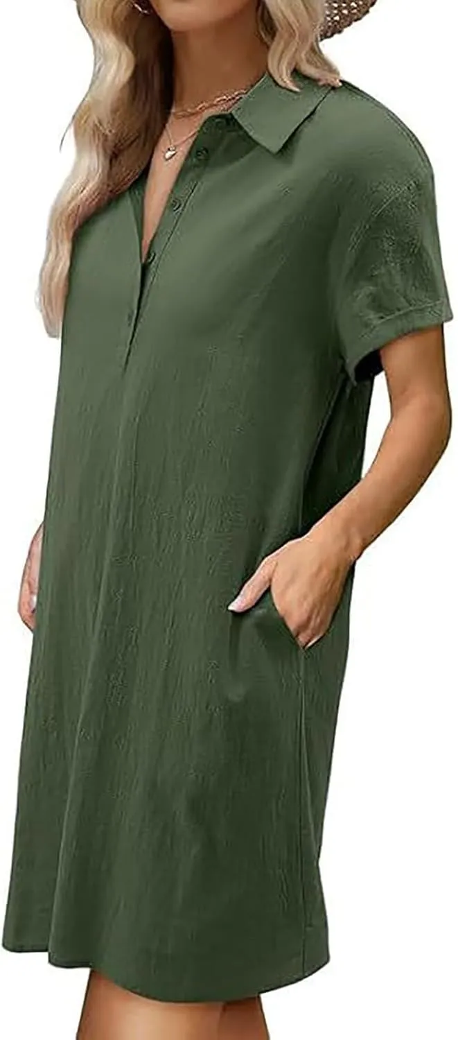 Shirt Dresses for 2025 Casual Lapel Neck Short Sleeve Button Dress Comfy Solid Cotton Linen Mini Dress with Pockets