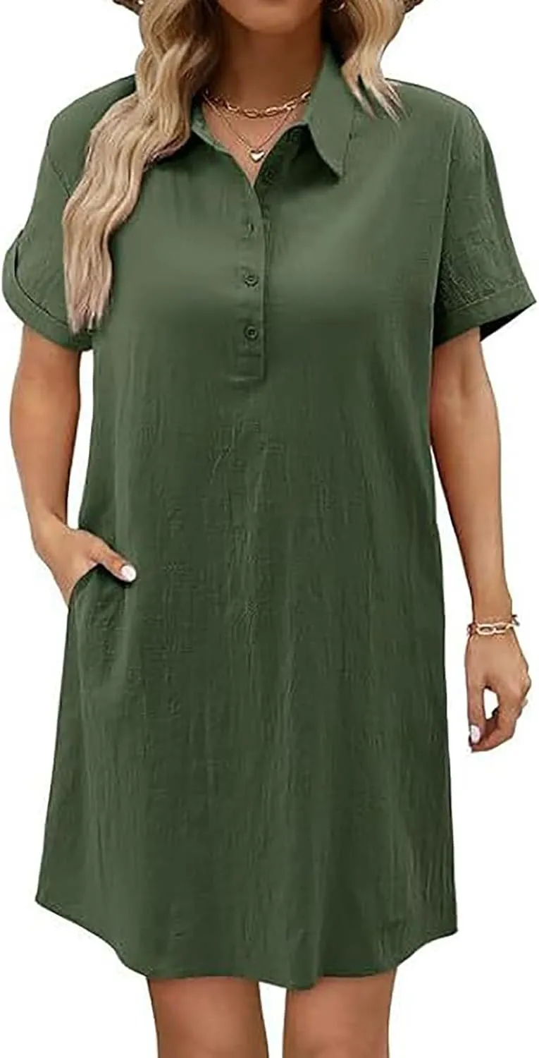 Shirt Dresses for 2025 Casual Lapel Neck Short Sleeve Button Dress Comfy Solid Cotton Linen Mini Dress with Pockets