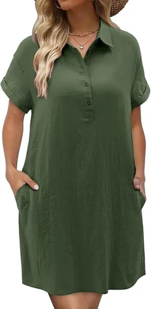 Shirt Dresses for 2025 Casual Lapel Neck Short Sleeve Button Dress Comfy Solid Cotton Linen Mini Dress with Pockets