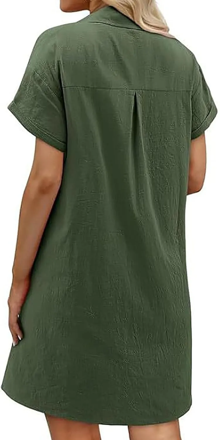 Shirt Dresses for 2025 Casual Lapel Neck Short Sleeve Button Dress Comfy Solid Cotton Linen Mini Dress with Pockets