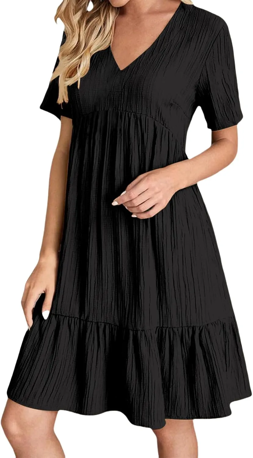 Short Dresses for Women Casual Summer Mini Dress V Neck Short Sleeve T Shirt Dress Tiered A Line Flowy Beach Sundress