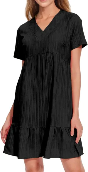 Short Dresses for Women Casual Summer Mini Dress V Neck Short Sleeve T Shirt Dress Tiered A Line Flowy Beach Sundress