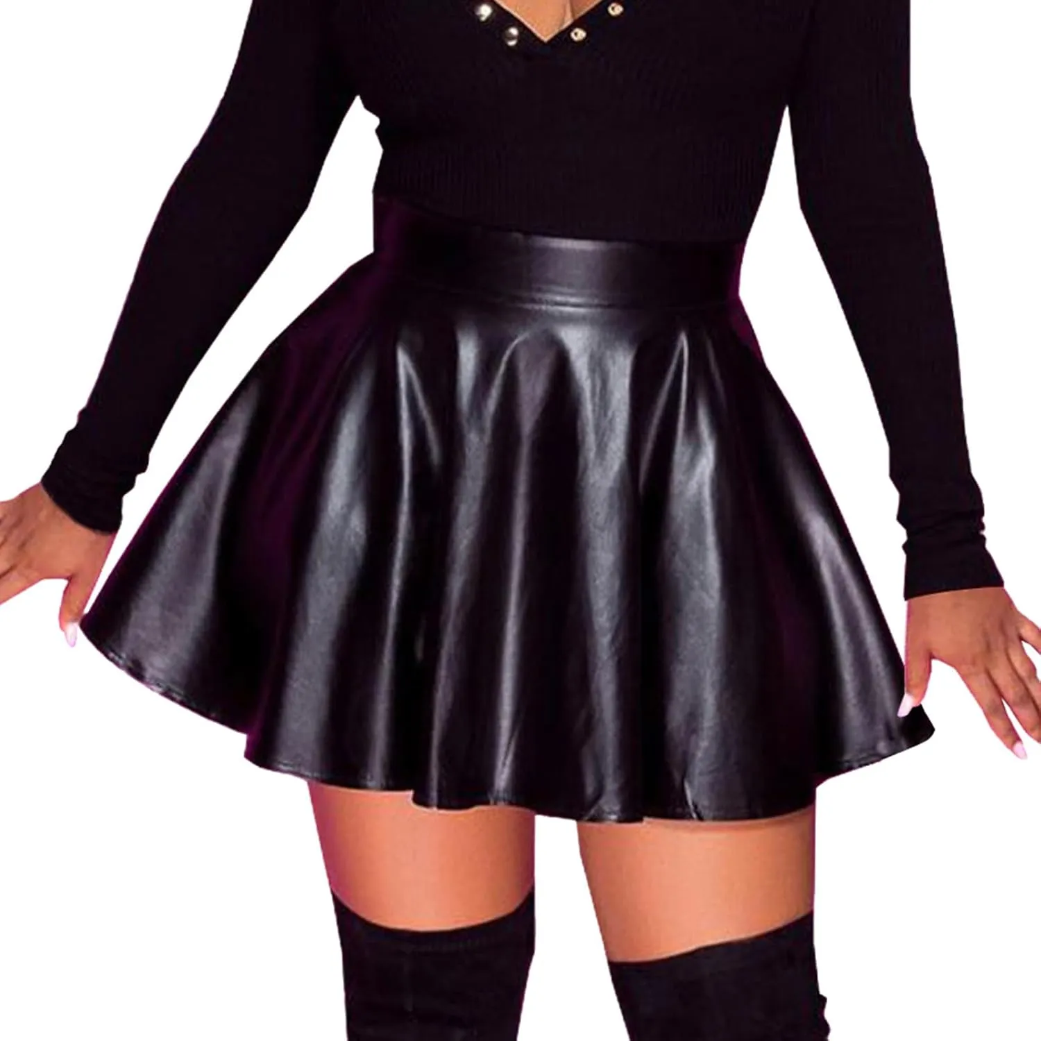 Short Pu Leather Skirts for Women Trendy Stretchy High Waisted Zipper Pleated A Line Casual Flowy Mini Skir