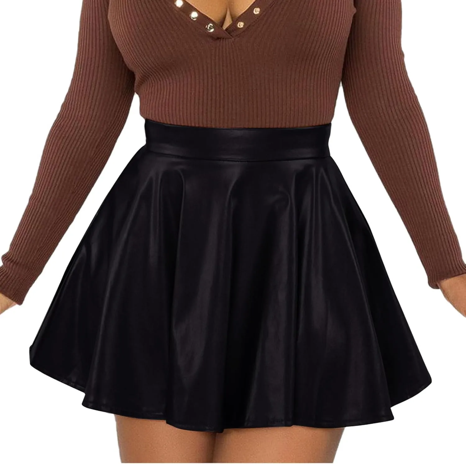 Short Pu Leather Skirts for Women Trendy Stretchy High Waisted Zipper Pleated A Line Casual Flowy Mini Skir