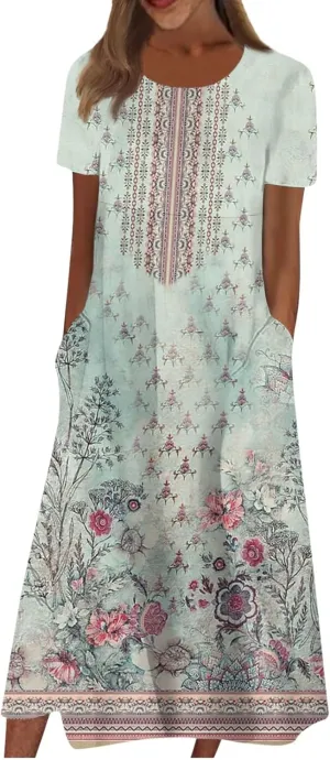 Short Sleeve Dress Womens Summer Round Neck Basic Dresses Floral Print 2024 Loose Ladies Pocket Daily Midi Dresses