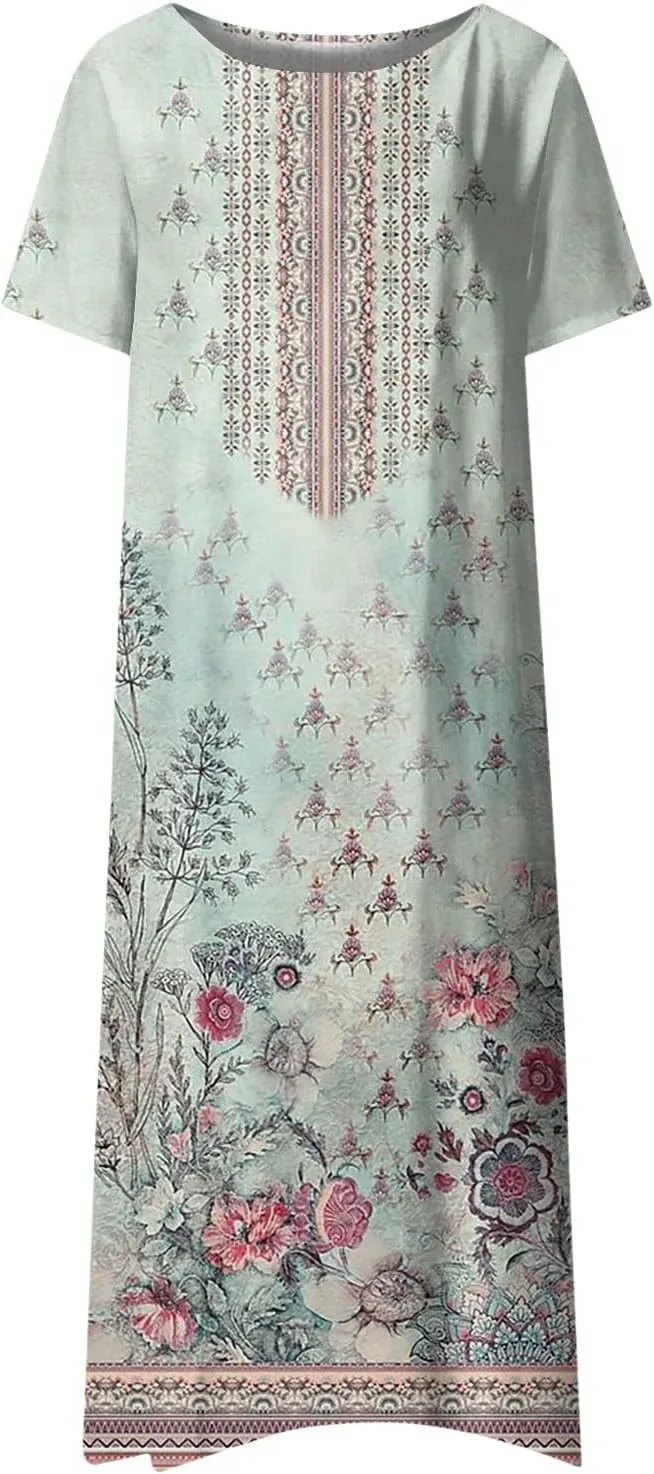 Short Sleeve Dress Womens Summer Round Neck Basic Dresses Floral Print 2024 Loose Ladies Pocket Daily Midi Dresses