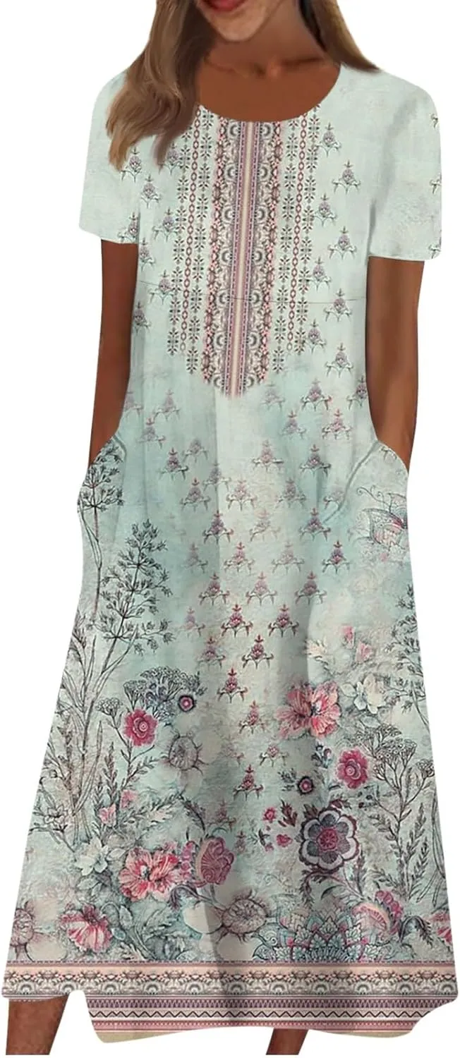 Short Sleeve Dress Womens Summer Round Neck Basic Dresses Floral Print 2024 Loose Ladies Pocket Daily Midi Dresses