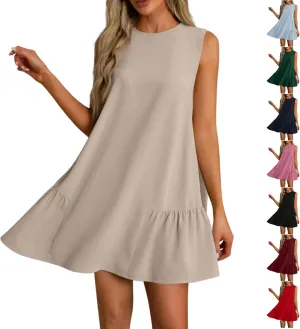 Short Summer Dresses for Women 2025 Round Neck Sleeveless Mini Dress Casual Beach Ruffle Hem A-Line Sundresses