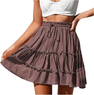 Skirts for Women 2025 Boho Summer A-Line Pleated Skirt Casual Elastic High Waist Tiered Ruffle Flowy Cute Mini Skirt