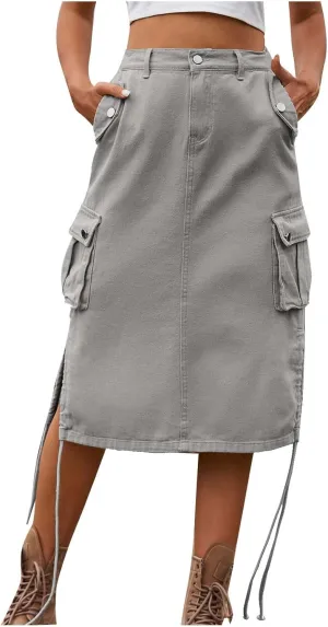 Skirts for Women Midi Length Side Split Tie Multi Pockets Cargo Skirt Summer Causal Loose Buttons Midi Skirts 2024
