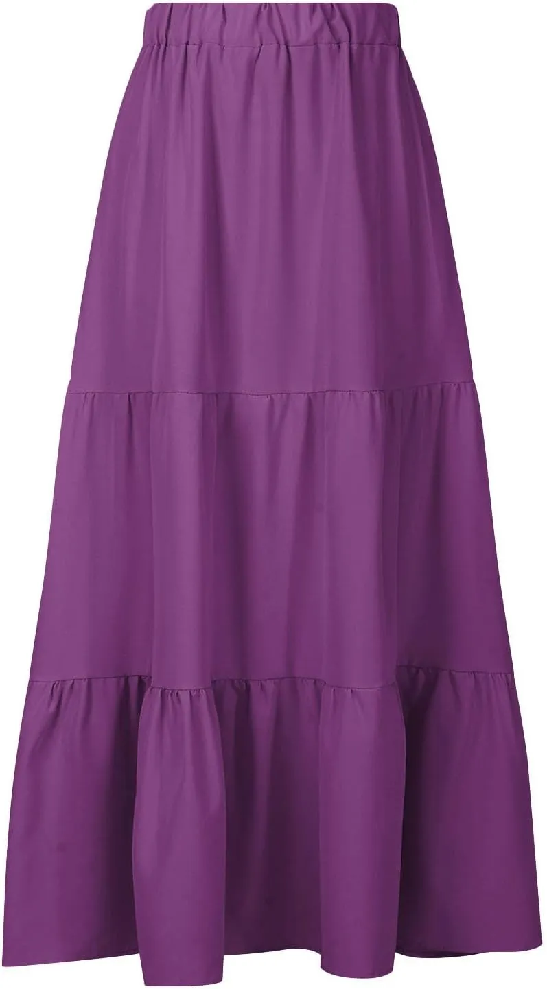Skirts for Women Summer Beach Pleated Long Skirt Lightweight Elastic Waisted Maxi Skort Boho A Line Skorts with Pocket