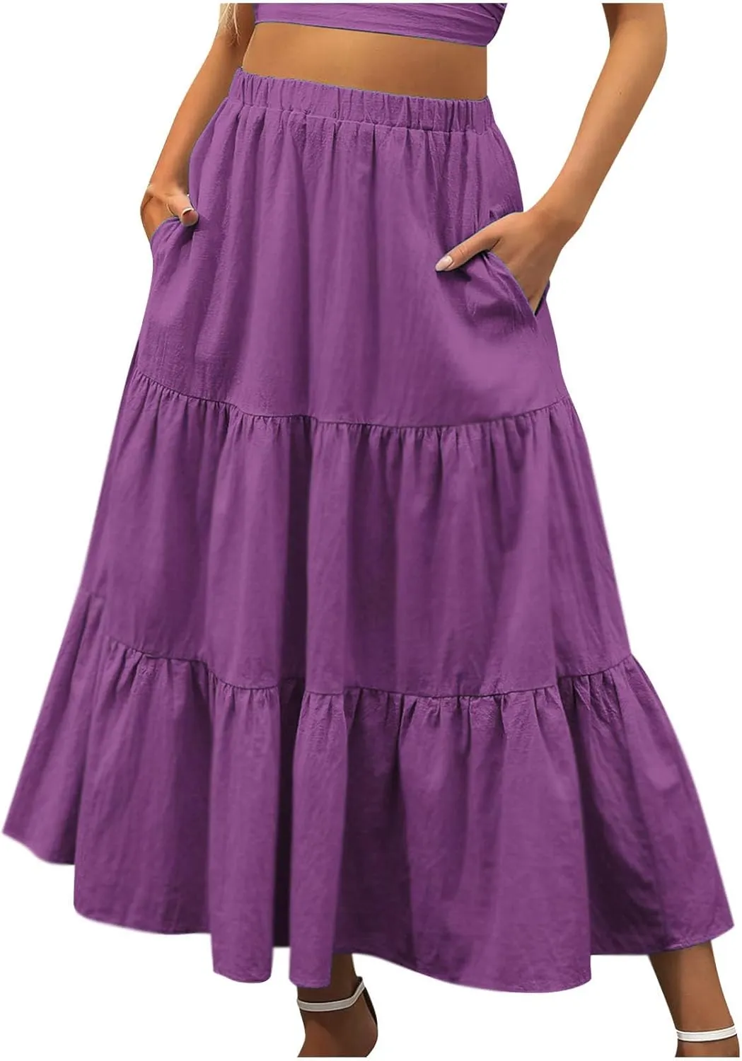 Skirts for Women Summer Beach Pleated Long Skirt Lightweight Elastic Waisted Maxi Skort Boho A Line Skorts with Pocket