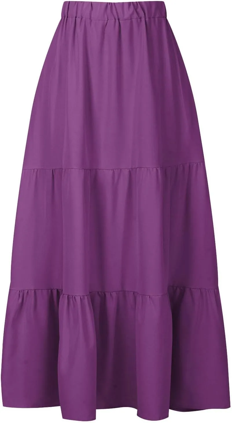 Skirts for Women Summer Beach Pleated Long Skirt Lightweight Elastic Waisted Maxi Skort Boho A Line Skorts with Pocket