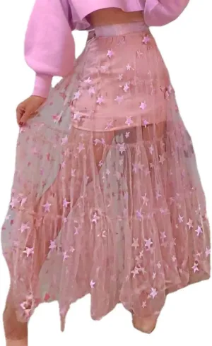 Skirts for Women Trendy Pleated High Wave Women's Waist A Line Fairy Elastic Waist Tulle Midi Extra Long Bed