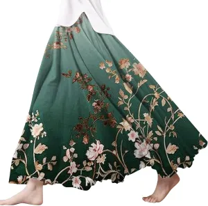 Skirts for Women Trendy Summer Fall Retro Floral Art Linen Elastic High Waist Tiered Long Maxi Skirt with Pockets