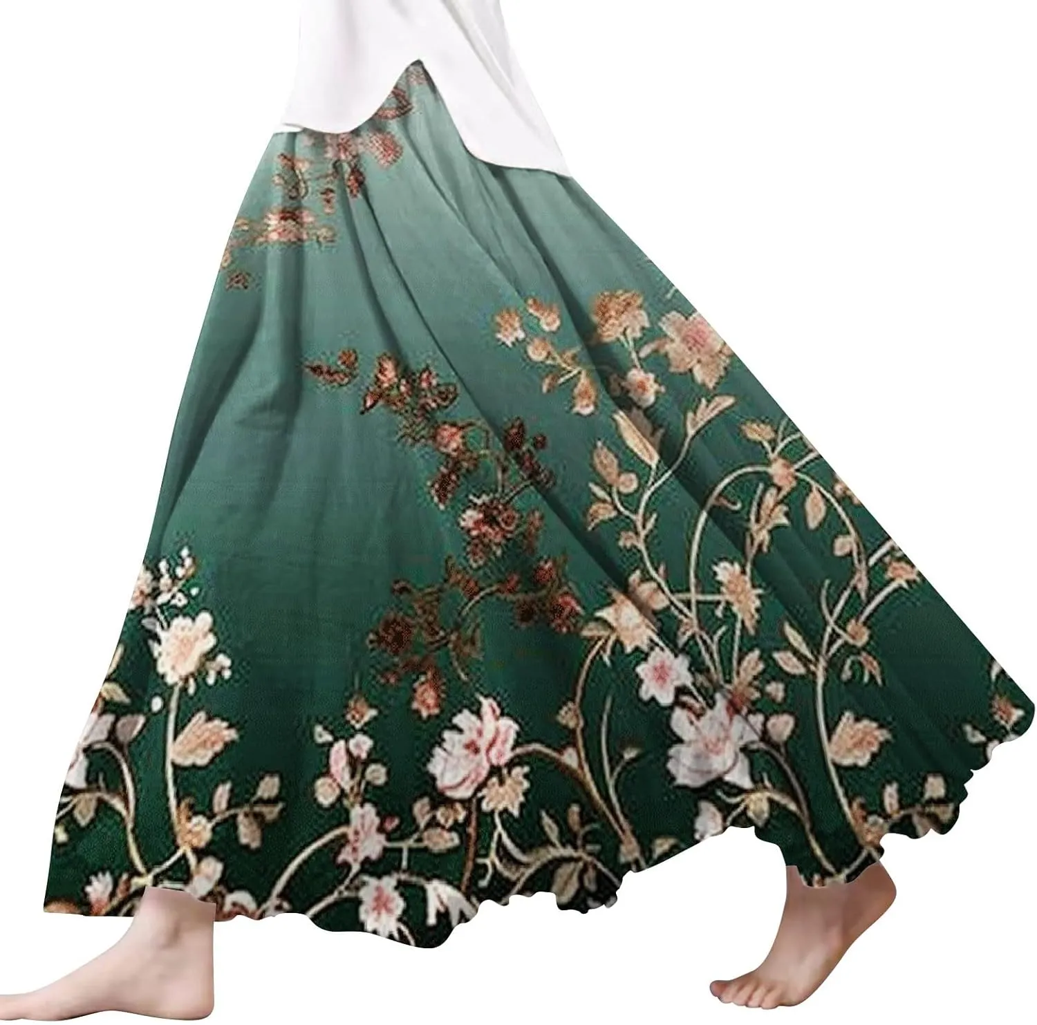 Skirts for Women Trendy Summer Fall Retro Floral Art Linen Elastic High Waist Tiered Long Maxi Skirt with Pockets