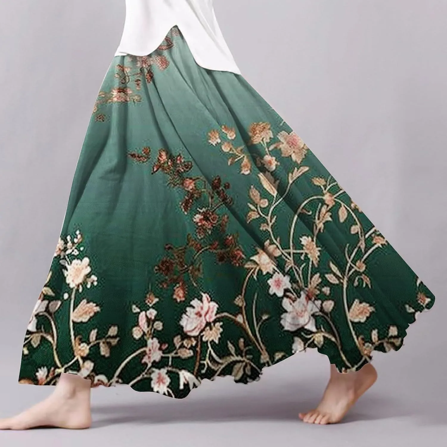 Skirts for Women Trendy Summer Fall Retro Floral Art Linen Elastic High Waist Tiered Long Maxi Skirt with Pockets