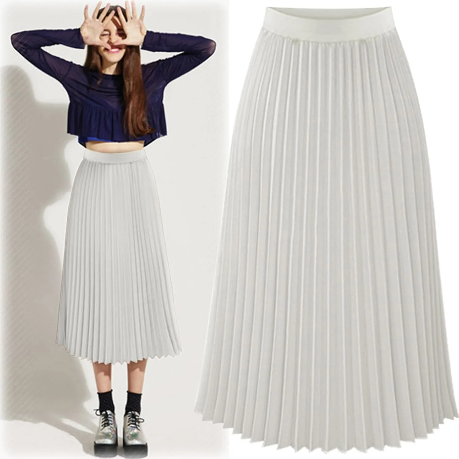 Skirts for Women Womens Solid Pleated Elegant Midi Elastic Waist Maxi Skirt
