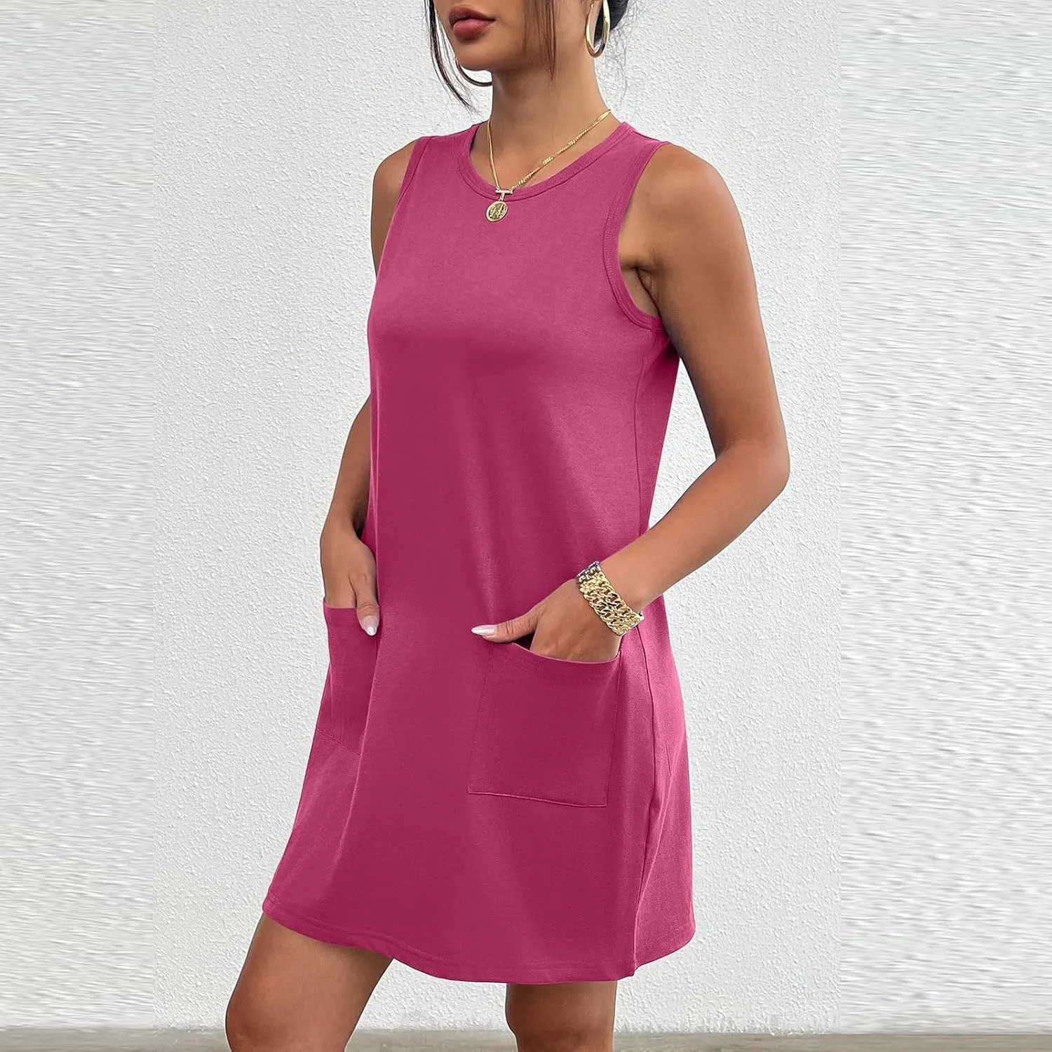 Sleeveless Tshirt Dress Women Summer Casual Crew Neck Sleeveless Sundress Loose Knee Length Beach Sun Dress with Pockets
