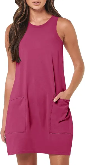 Sleeveless Tshirt Dress Women Summer Casual Crew Neck Sleeveless Sundress Loose Knee Length Beach Sun Dress with Pockets