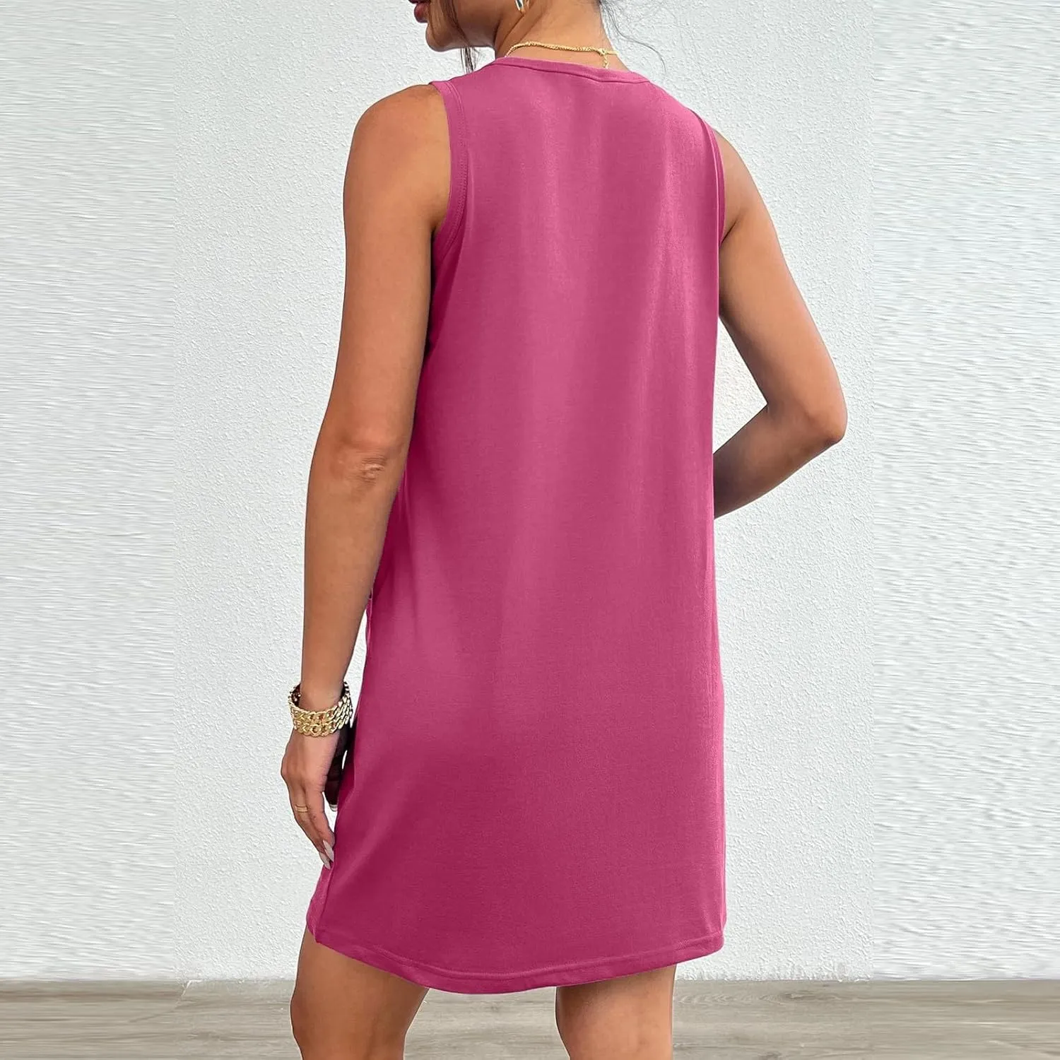 Sleeveless Tshirt Dress Women Summer Casual Crew Neck Sleeveless Sundress Loose Knee Length Beach Sun Dress with Pockets