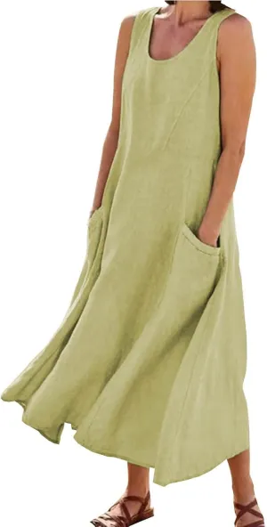 SMIDOW Cotton Dresses for Women Casual Summer 2024 Solid Beach Flowy Tshirt Sundress Sleeveless Tank Long Dress with Pockets
