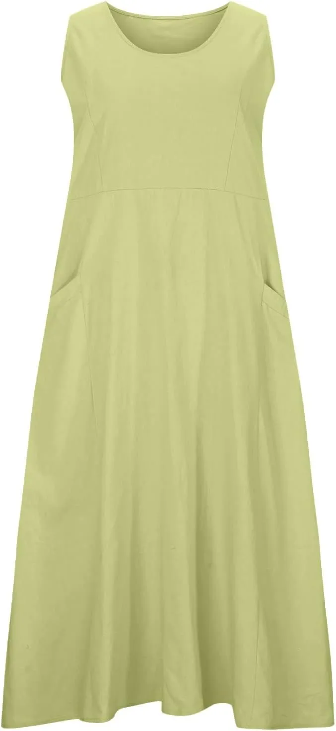 SMIDOW Cotton Dresses for Women Casual Summer 2024 Solid Beach Flowy Tshirt Sundress Sleeveless Tank Long Dress with Pockets