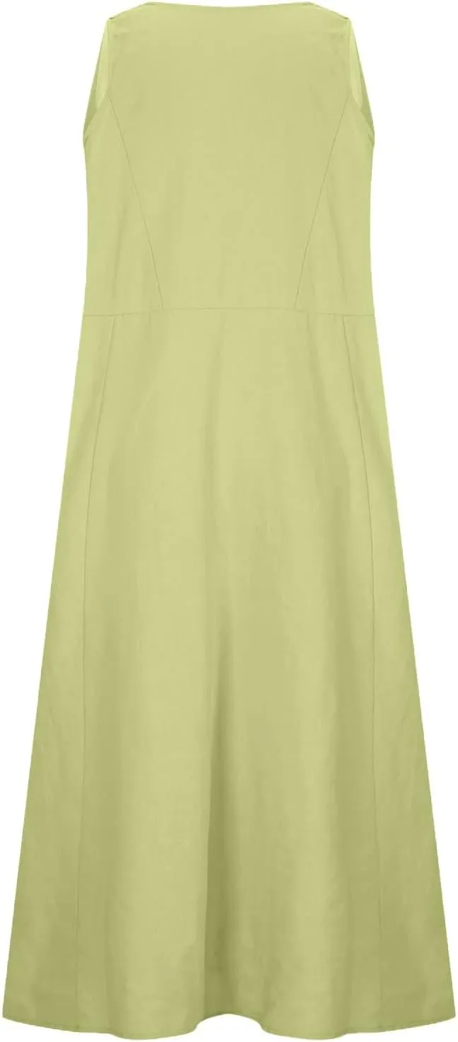 SMIDOW Cotton Dresses for Women Casual Summer 2024 Solid Beach Flowy Tshirt Sundress Sleeveless Tank Long Dress with Pockets