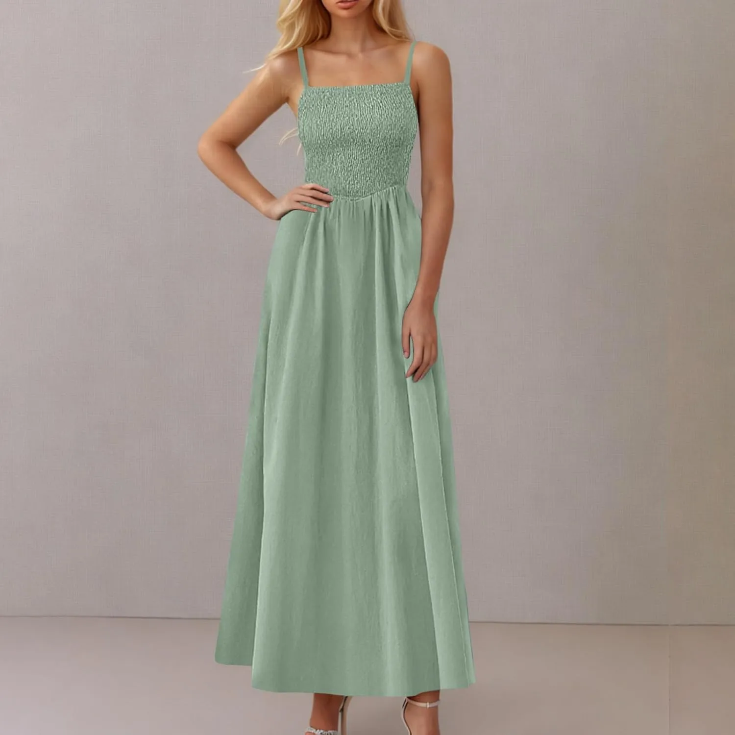 Smocked Dress Women Sleeveless Crew Neck Beach Maxi Sundresses Casual Spaghetti Strap Swing A Line Long Flowy Dress