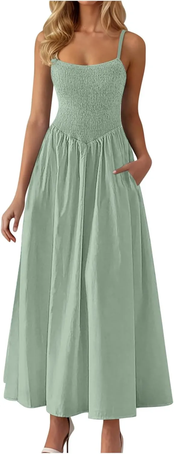 Smocked Dress Women Sleeveless Crew Neck Beach Maxi Sundresses Casual Spaghetti Strap Swing A Line Long Flowy Dress