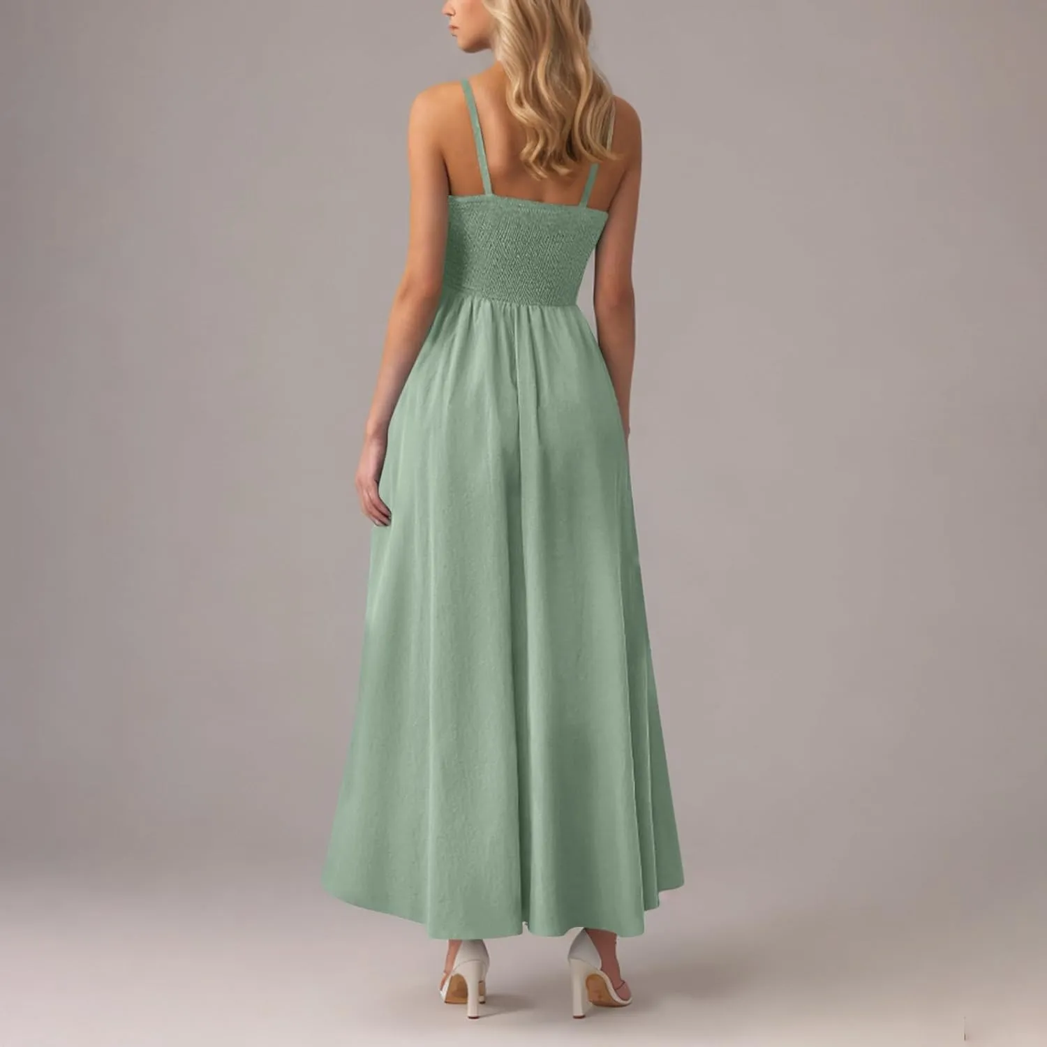 Smocked Dress Women Sleeveless Crew Neck Beach Maxi Sundresses Casual Spaghetti Strap Swing A Line Long Flowy Dress