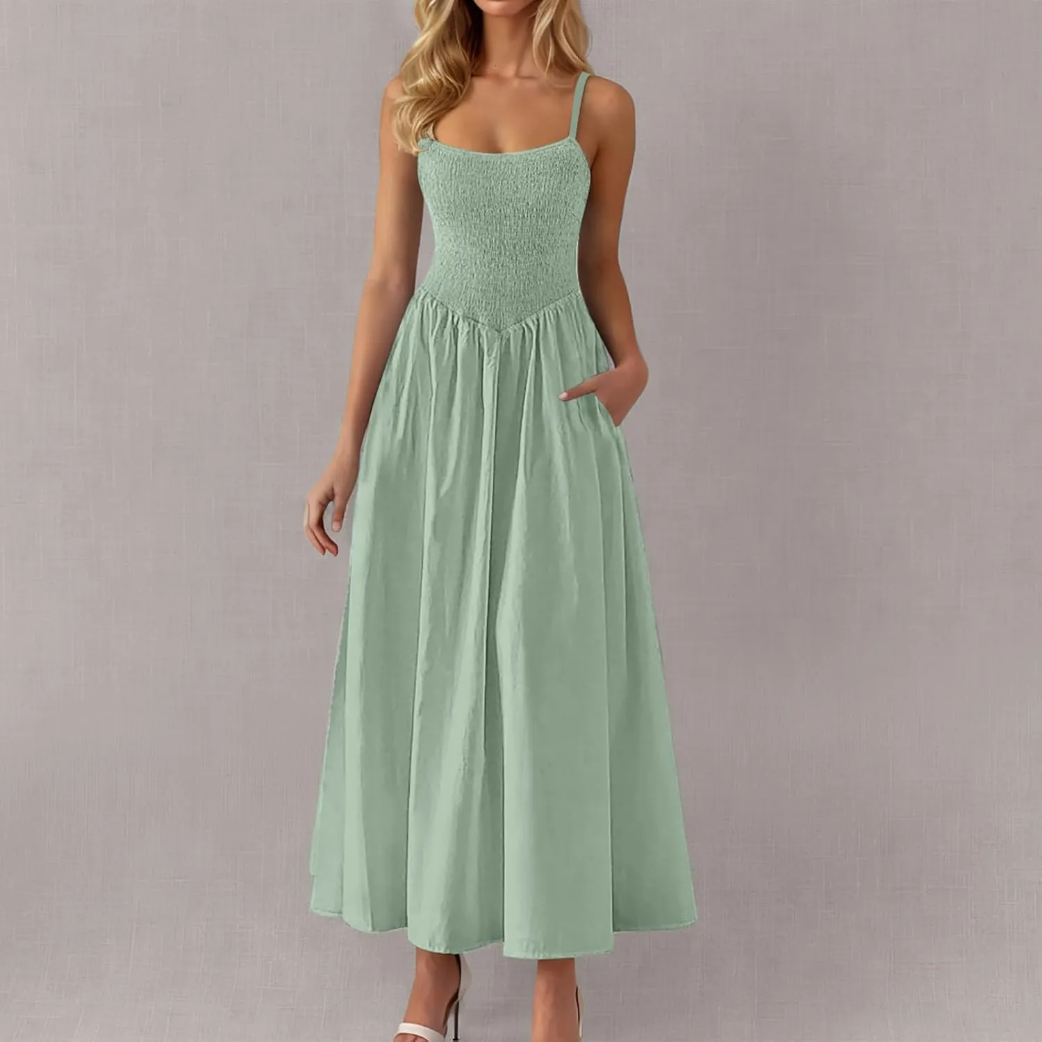 Smocked Dress Women Sleeveless Crew Neck Beach Maxi Sundresses Casual Spaghetti Strap Swing A Line Long Flowy Dress